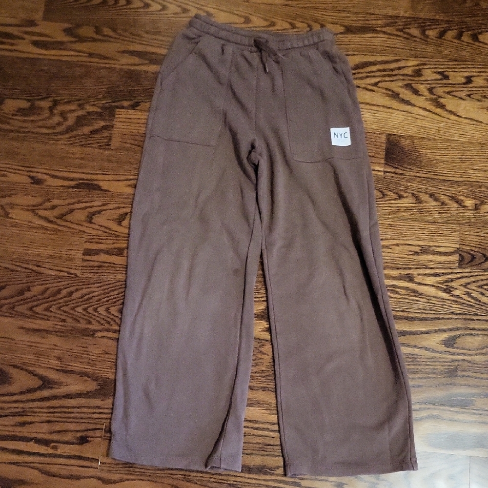 NYC Brown Wide-Leg Pull-On Joggers with Patch